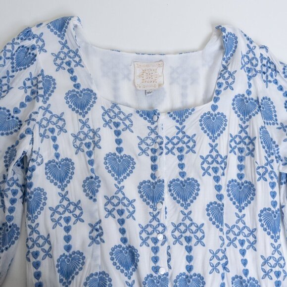 Johnny Was Dress White With Blue Embroidered Hearts Eyelet Button Up Boho Large - Picture 4 of 16